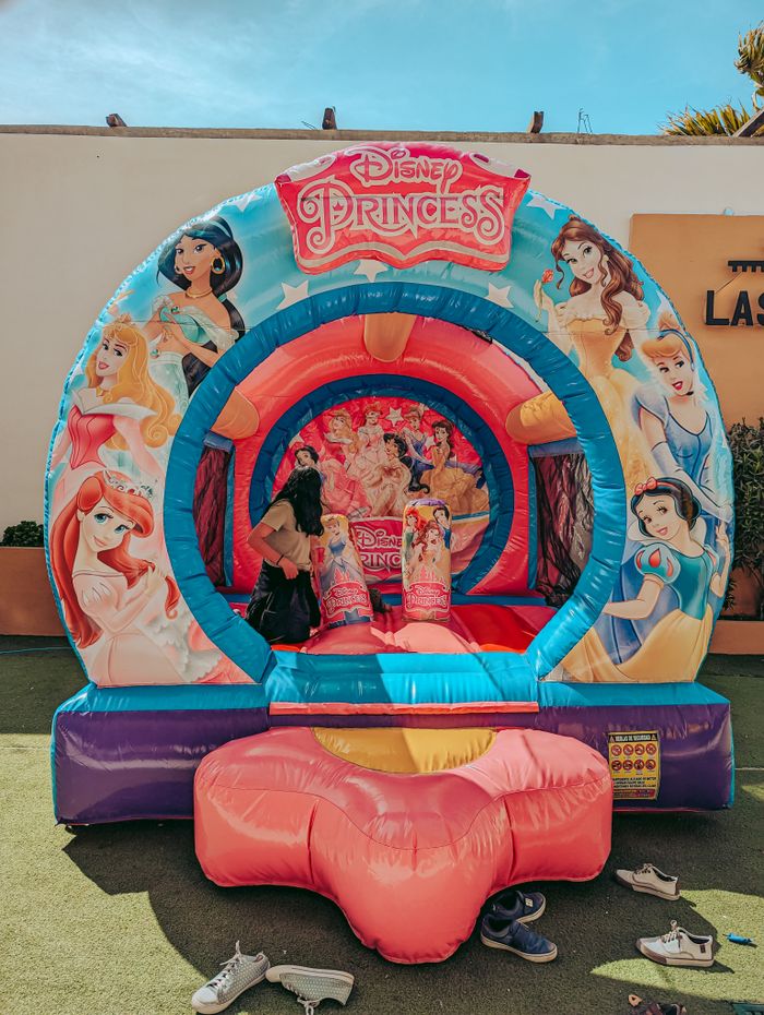 service-01 Vibrant Disney Princess-themed bouncy castle set up outdoors during a sunny day, ideal for children's events.